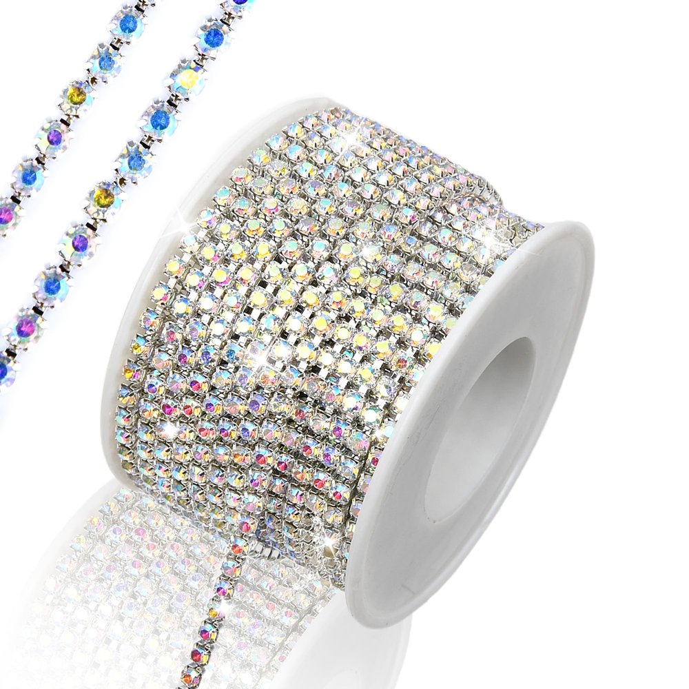10 Yards Rhinestone Chain, SS12/3mm Crystal Rhinestones Close Chain Trim, Bling Diamond Cup Chain for Jewelry Clothing Shoes Wedding Party Decoration(Silver AB)