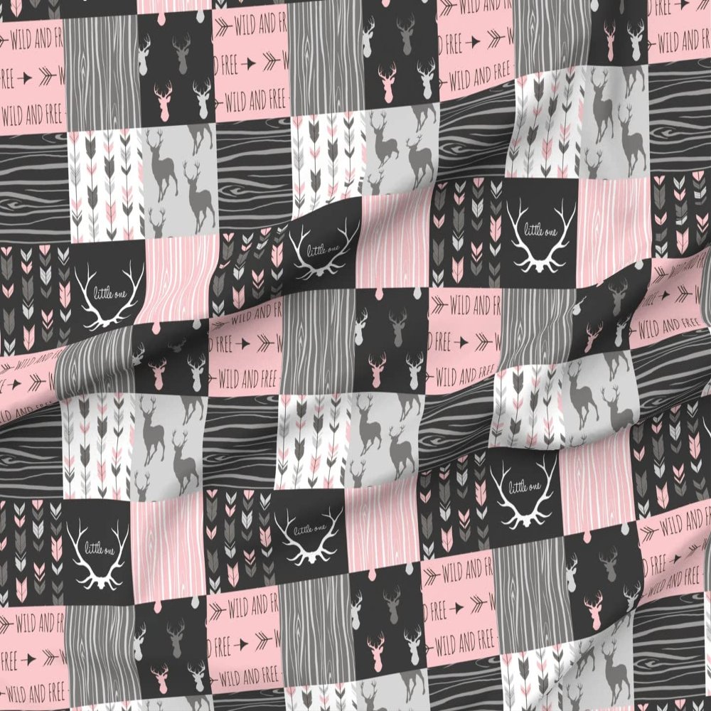 Fabric Pink Cheater Quilt Deer Woodland Baby Girl Wild and Free Cabincore Printed on Chiffon Fabric by the Yard - Upholstery Home Decor Bottomweight Apparel