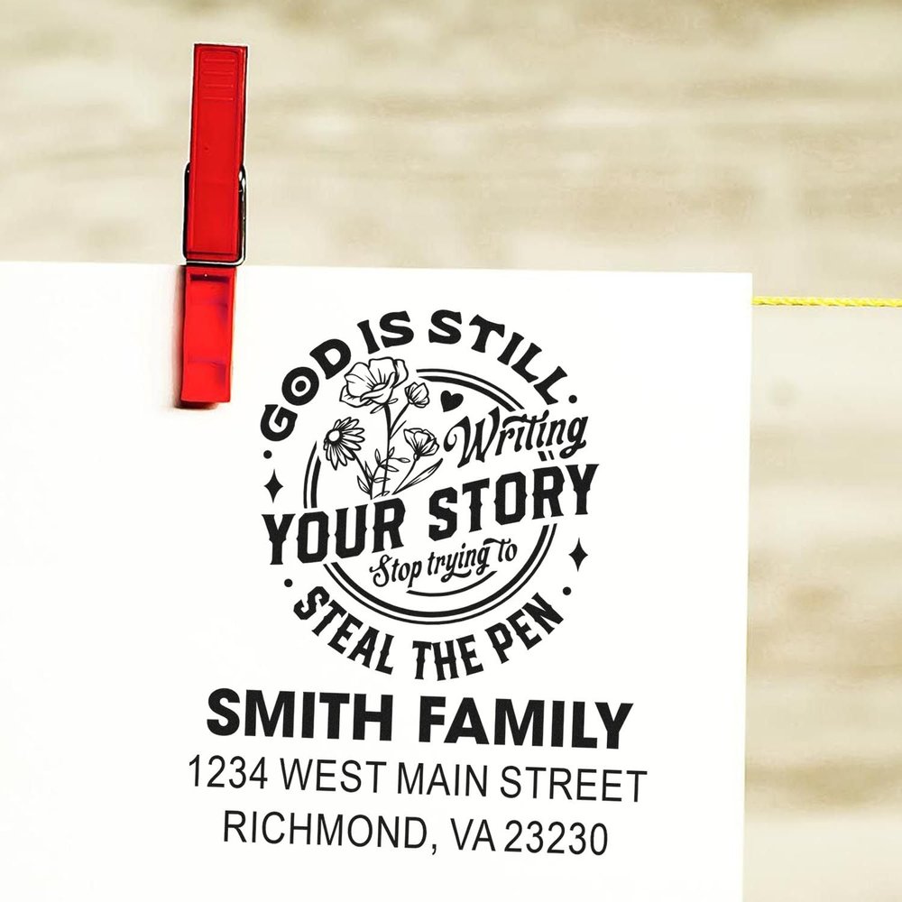 Slim Pre-Inked Custom Address Stamper with Inspirational Rubber Stamp - God is Still Writing Your Story Design, Faith-Based Message, Durable Self-Inking Stamp for Personal and Office Use