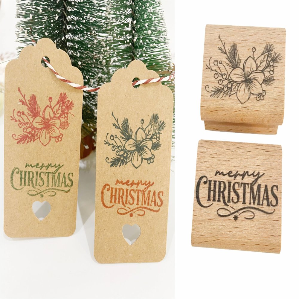 2PCS Christmas Wooden Rubber Stamp with Merry Christmas and Christmas Flower for Craft DIY Card and Scrapbooking