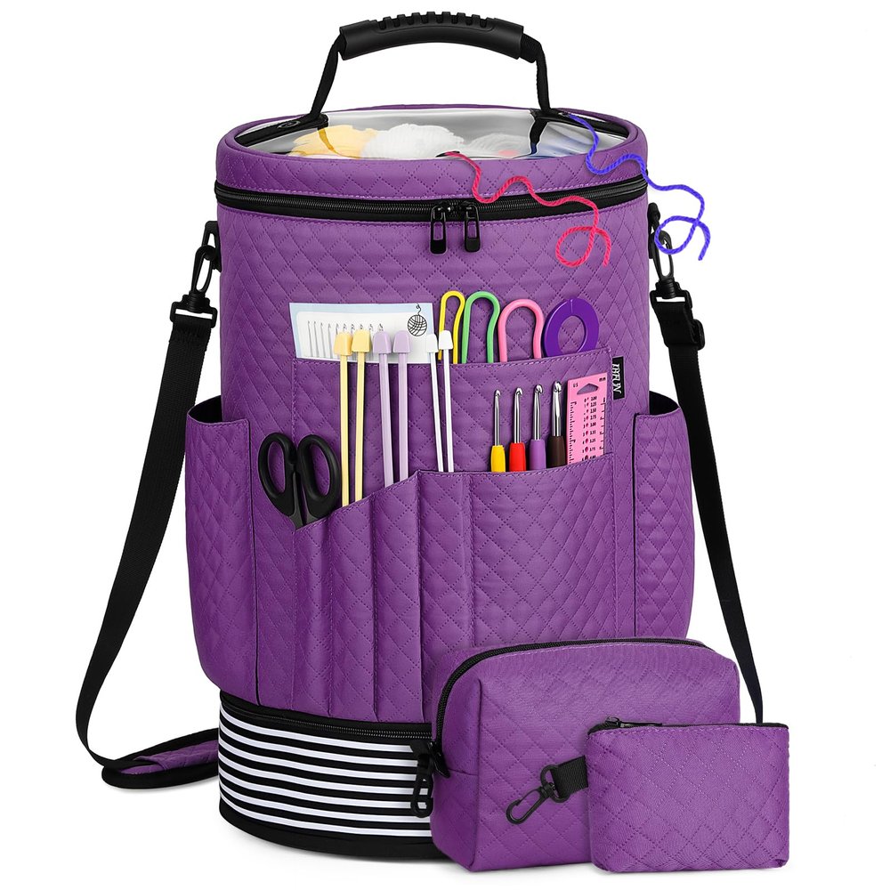 IBFUN Crochet Yarn Knitting Bag 3PCS - Expandable Yarn Storage Organizer Crocheting Bag with Accessories Cases Adjustable Strap for Hooks, Needles, Accessories, Crochet Lovers, Supplies, Beginners