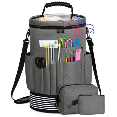 IBFUN Crochet Yarn Knitting Bag 3PCS - Expandable Yarn Storage Organizer Crocheting Bag with Accessories Cases Adjustable Strap for Hooks, Needles, Accessories, Crochet Lovers, Supplies, Beginners