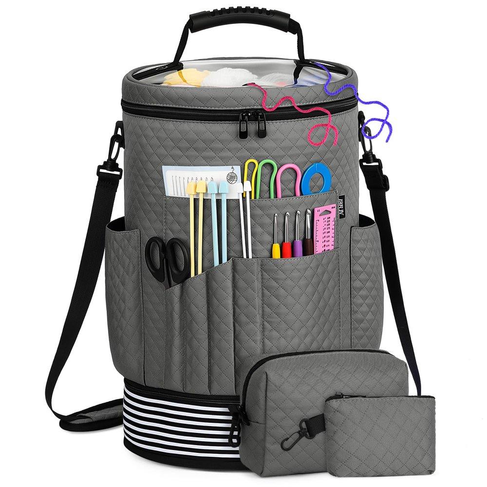 IBFUN Crochet Yarn Knitting Bag 3PCS - Expandable Yarn Storage Organizer Crocheting Bag with Accessories Cases Adjustable Strap for Hooks, Needles, Accessories, Crochet Lovers, Supplies, Beginners