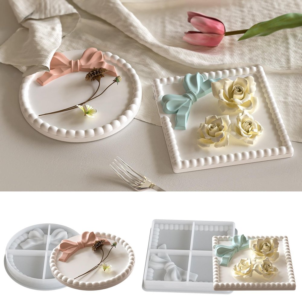 Kunyeah 2PCS Tray Silicone Mold Set - Round & Square Bow-Knot Resin Coaster Molds with Beaded Edge for DIY Craft Home Decor Epoxy Resin Casting Mold for Jewelry Dish, Candle Holder, Storage Plate