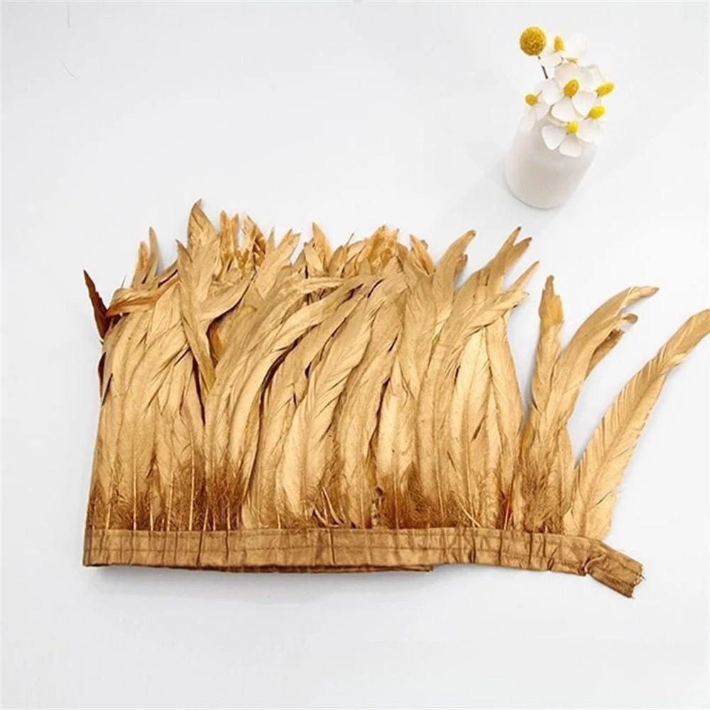 2M Tail Feathers Rooster Feather Trim for Halloween Dress Crafts Wings Cape Craft Decoration Gold 2M 25-30cm