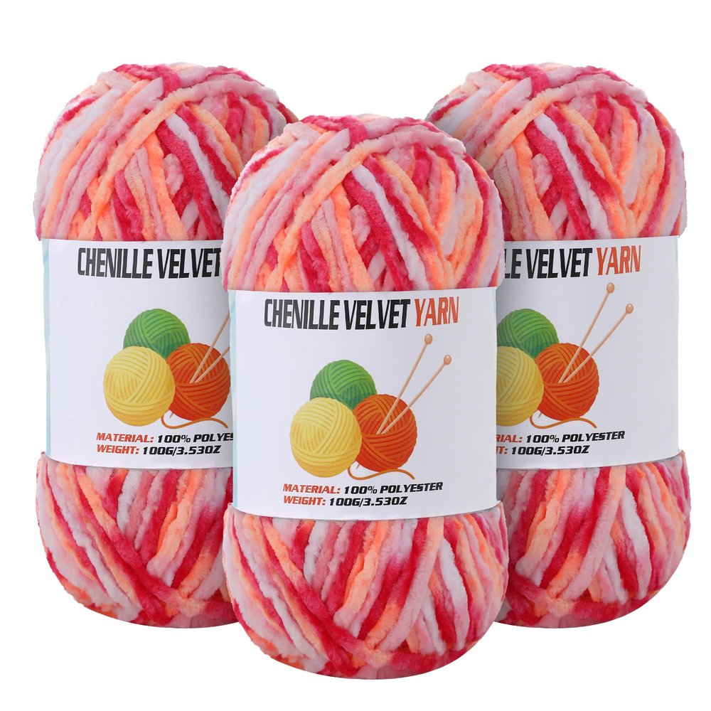 3 * 100g Velvet Chenille Chunky Yarn for Crocheting, Handcrafts Weaving Soft Chenille Yarn for Crocheting Clearance, Used for Making Baby Yarns Blanket, Clothes, Knitting Creations (Colorful - G)