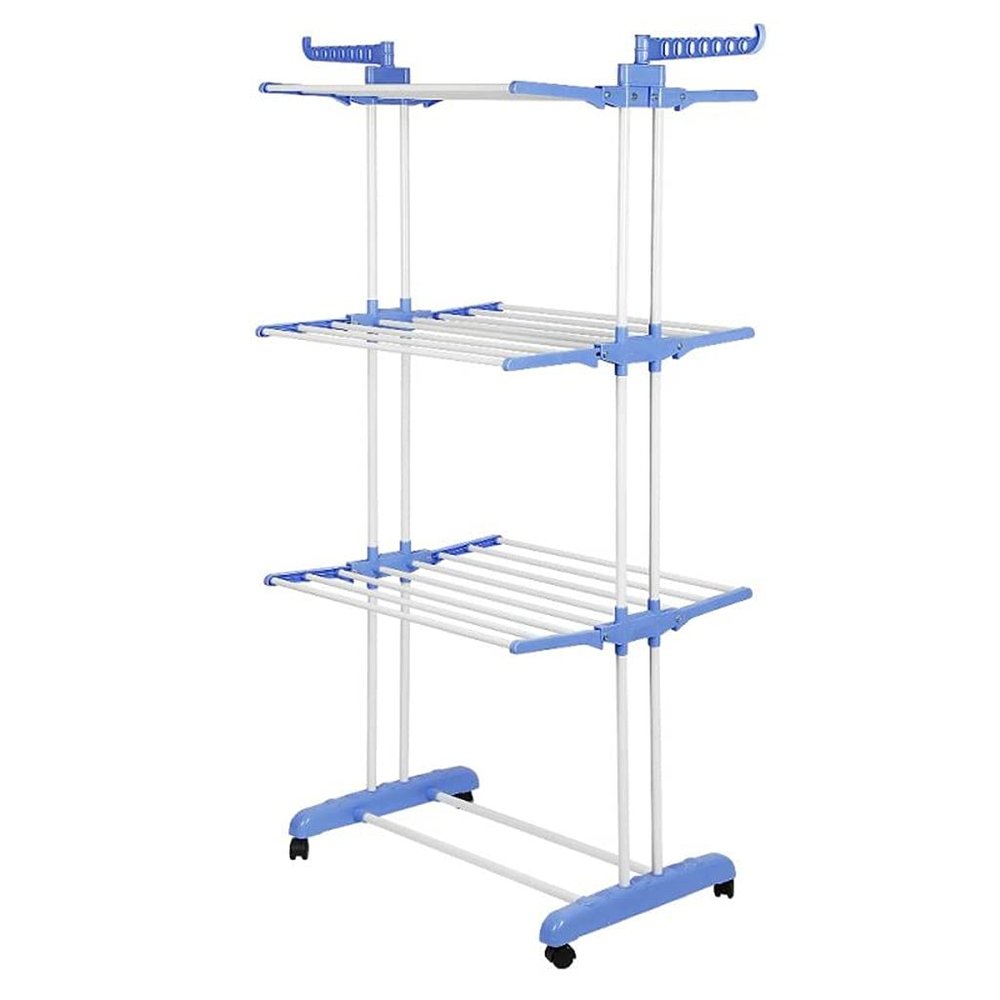 TEOYETTSF 6-Layer Adjustable Rolling Clothes Rack Coat Rack Floor Hanger Storage Closet Clothing Drying Foldable Clothes Hanger(Blue)