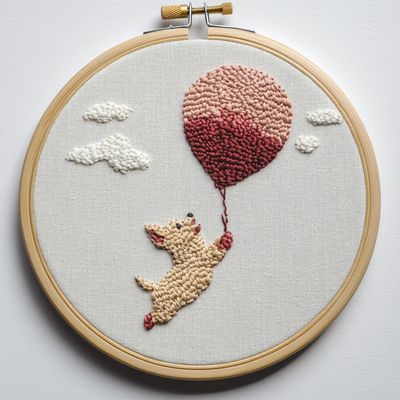 Punch Needle kit for Beginners, Dog Carried by Balloons, Punch Stitching kit for Adults, Needle Punch Kits for Adults, Whimsical Embroidery Craft
