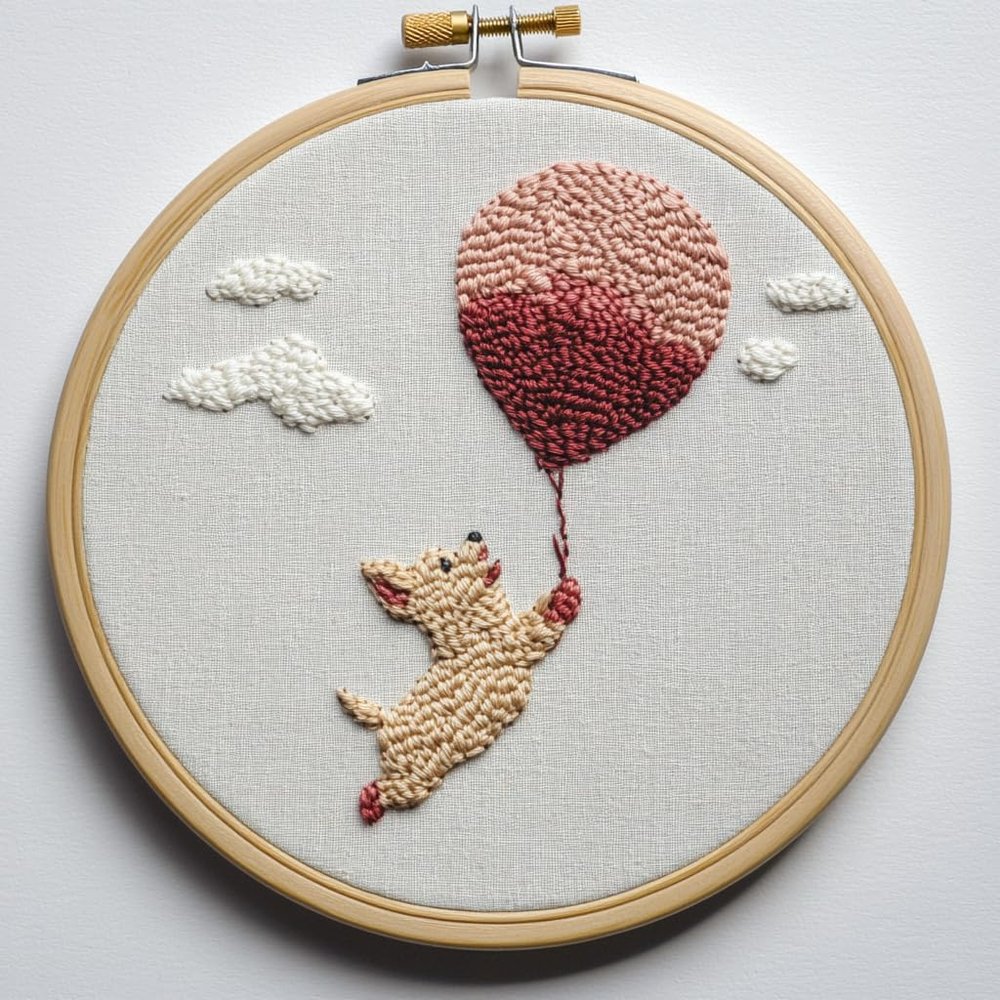 Punch Needle kit for Beginners, Dog Carried by Balloons, Punch Stitching kit for Adults, Needle Punch Kits for Adults, Whimsical Embroidery Craft