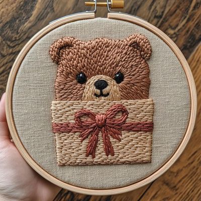 Punch Needle kit for Beginners, Bear in Gift Box Pattern, Punch Stitching kit for Adults, Needle Punch Kits for Adults, Fun Animal Embroidery