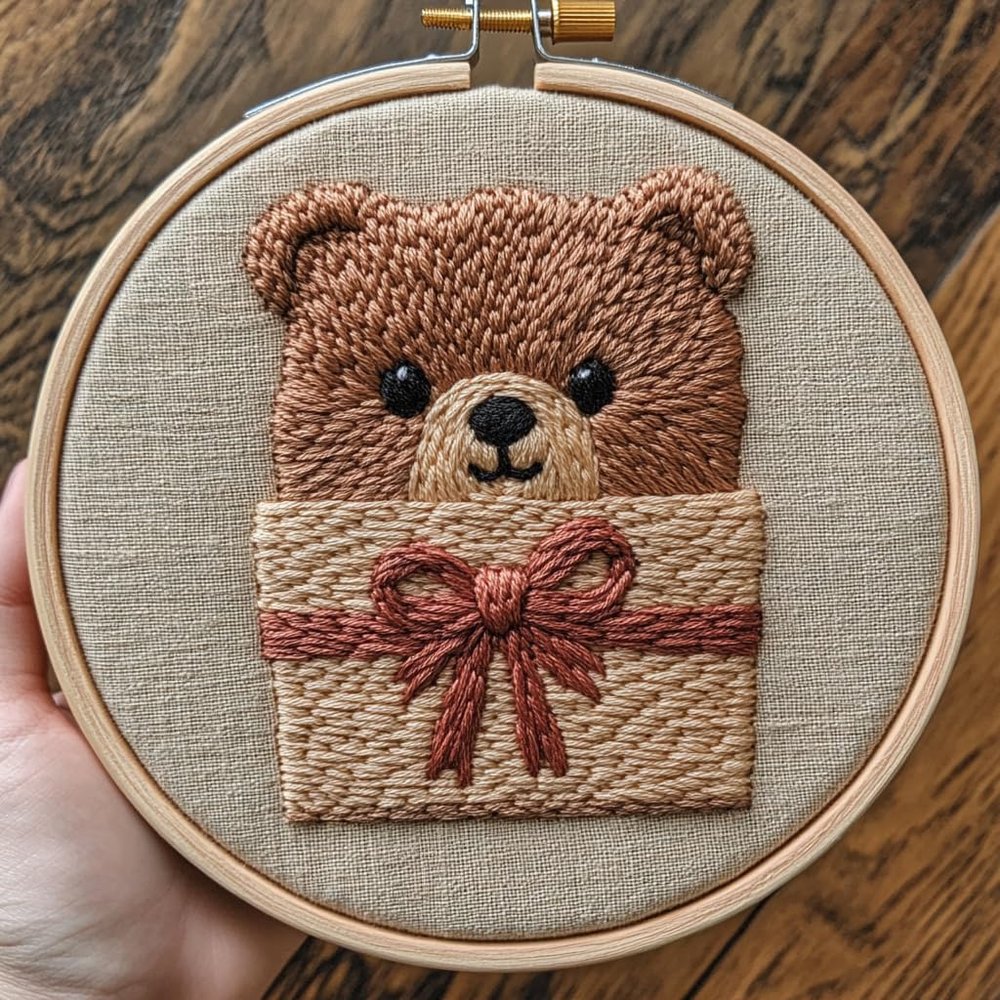 Punch Needle kit for Beginners, Bear in Gift Box Pattern, Punch Stitching kit for Adults, Needle Punch Kits for Adults, Fun Animal Embroidery