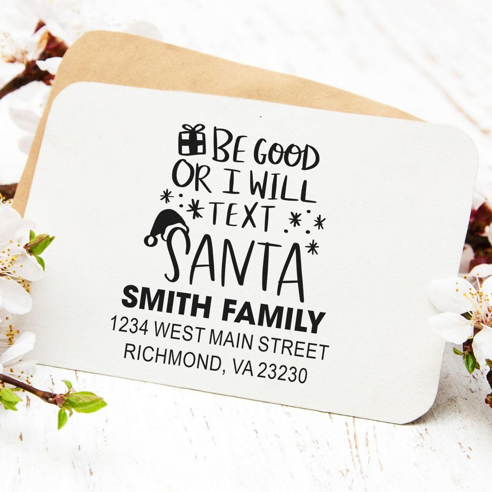 Custom Christmas Return Address Stamp with Wooden Handle, Santa's Jolly Message Rubber Stamp for Holiday Cards & Birthday Cards, Personalized Ink Pad Postal Stamper for Envelopes & Crafts