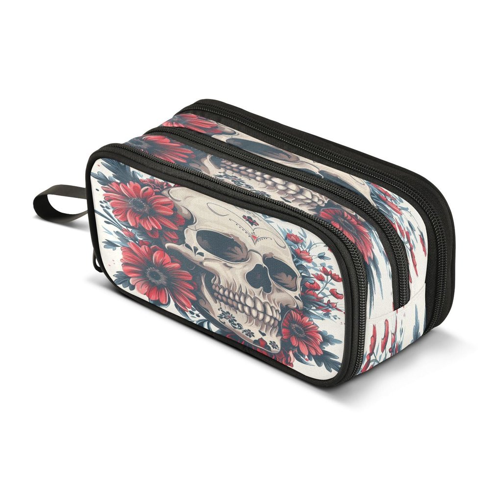 ALAZA Skull and Flowers Day Of The Dead Pencil Case Large Capacity Pencil Pouch girls boys Large Storage Pen Bag 3 Compartment Pencil Cases for School Students Office