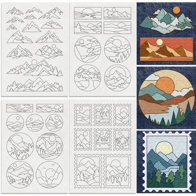 DOODLREAM 39Pcs Mountain Sun Water Soluble Hand Sewing Stabilizers, 8.3"x11.7" Natural Scenery Embroidery Pattern Stabilizer, 4 Sheets Round Stick and Stitch Embroidery Paper Sticker