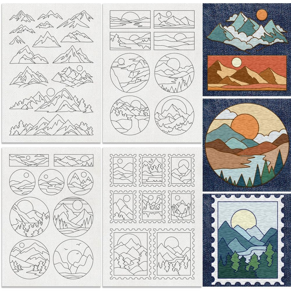 DOODLREAM 39Pcs Mountain Sun Water Soluble Hand Sewing Stabilizers, 8.3"x11.7" Natural Scenery Embroidery Pattern Stabilizer, 4 Sheets Round Stick and Stitch Embroidery Paper Sticker