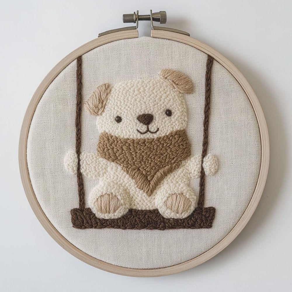 Punch Needle kit for Beginners, Punch Stitching kit for Adults, Needle Punch Kits for Adults with Scarf-Wearing Dog on Swing Embroidery Design