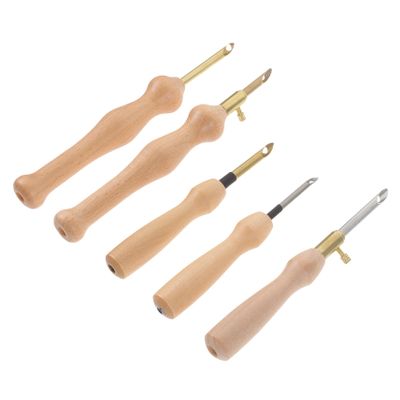 JEWEDECO 5Pcs Punch Needle with Wooden Handle Ergonomic Embroidery Tools for DIY Sewing Crafting and Home Decor Projects for Thin Fabrics