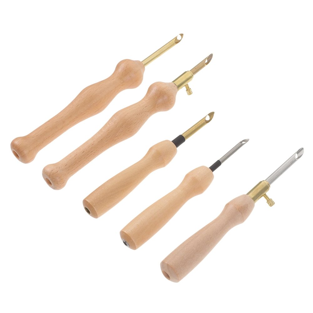 JEWEDECO 5Pcs Punch Needle with Wooden Handle Ergonomic Embroidery Tools for DIY Sewing Crafting and Home Decor Projects for Thin Fabrics