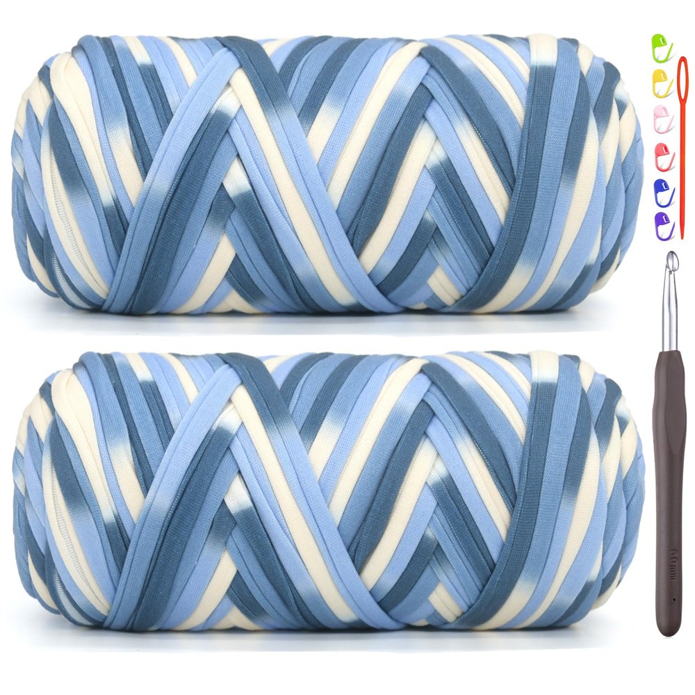2 Pack Tshirt Yarn for Crocheting,Rainbow T Shirt Chunky Elastic Thick T-Shirt Crochet Yarn for Beginners Crocheting Hand Knitting Bag/Basket/Coasters/DIY Crafts/Home Decor 2 * 200G-Blue White Tone