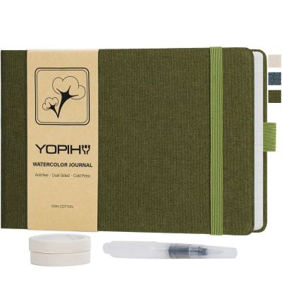 Yopih Artists Premium Linen Watercolor Sketchbook, 5.5" x 8.2" Watercolor Notebook with 300GSM Cold Press Cotton Paper, 24 Sheets/48 Pages, Ideal Art Journal for Markers, Oil Pastels, Green