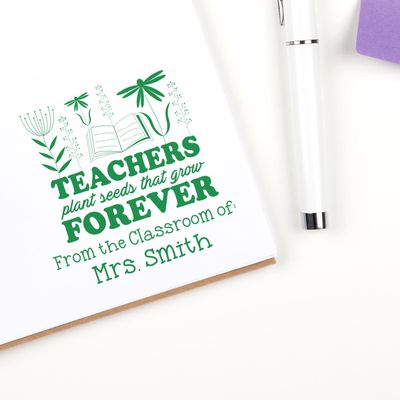 Custom Library Stamp for Teachers, Pre-Ink Plant Seeds Design, Personalized Elementary School Teacher Stamp, 1-5/8" Square, Classroom Bookmarks & Library Labels