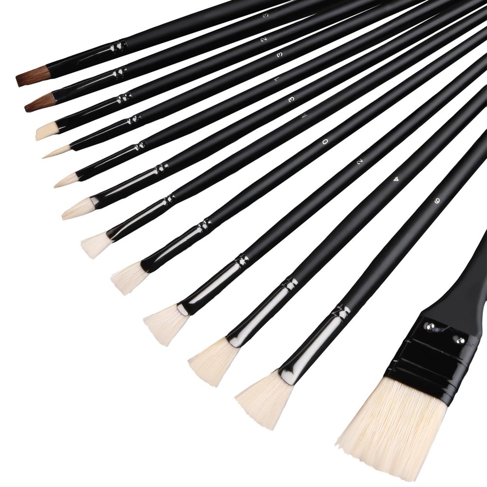 12-Piece Art Brush Set for Oil, Acrylic & Watercolor, Black Wooden Handles with Storage Case