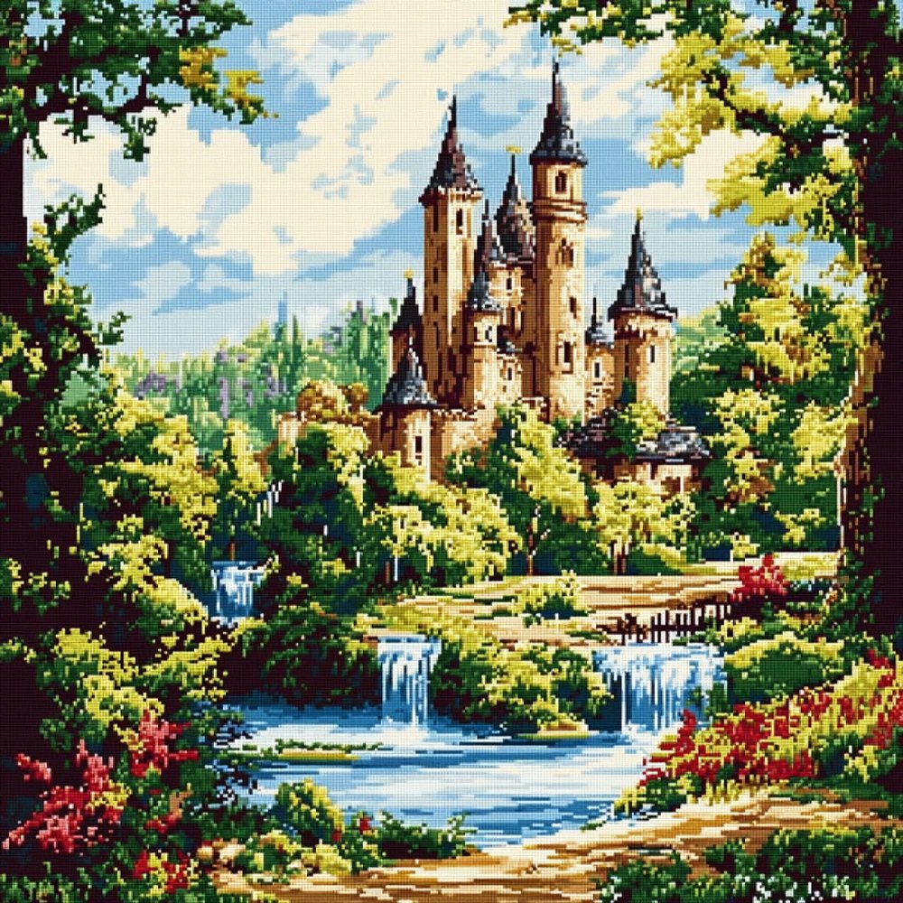 40x50 cm Cross Stitch Kits for Kids Ages 8-12 Beginners,Pre-Printed Embroidery Set with Cross Stitch Patterns Canvas,Threads,Needles DIY Needlework for Adults,Forest Castle