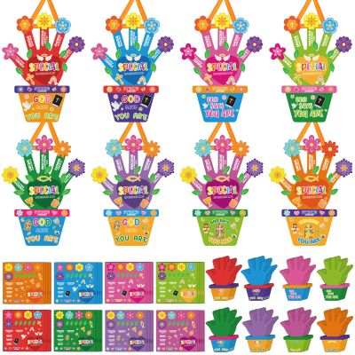 Frienda 48 Set Religious Bible Craft Kit for Kids Religious Flower Handprint Art Craft God Says You are Bible Prayer Sticker Ornament VBS Church Activity Gift for Sunday School Teacher Day