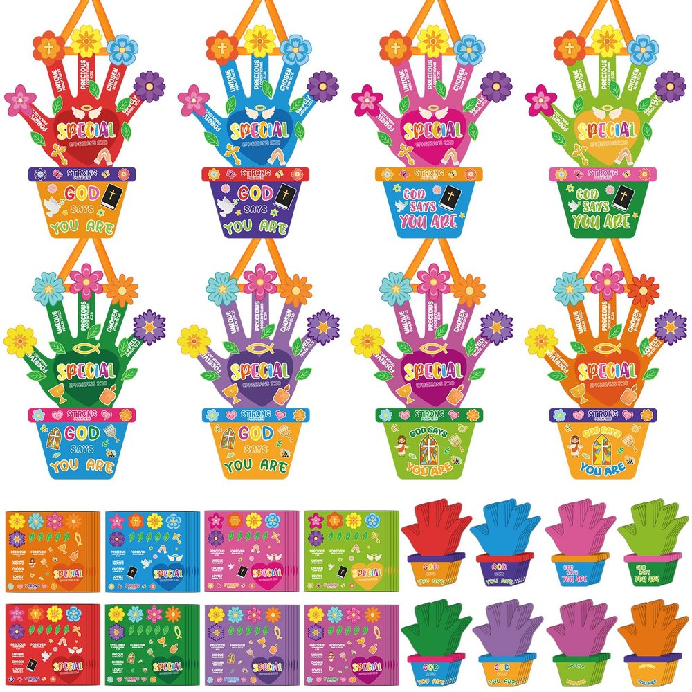 Frienda 48 Set Religious Bible Craft Kit for Kids Religious Flower Handprint Art Craft God Says You are Bible Prayer Sticker Ornament VBS Church Activity Gift for Sunday School Teacher Day