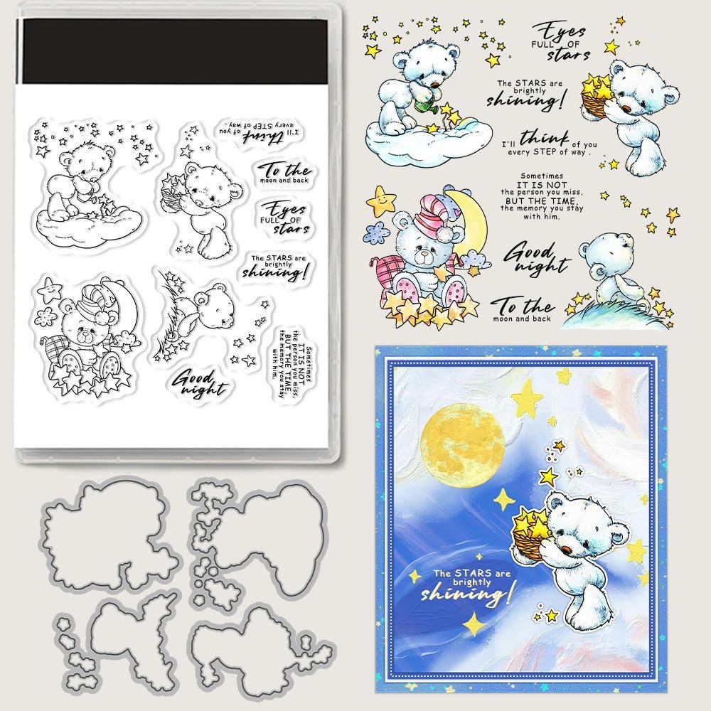 Bears Moons Stars Clear Stamps and Die Cuts Sets for Handmade Card Making Metal Cutting Dies Stencils Scrapbook Kit Embossing Supplies 2024-2025 Seals Template