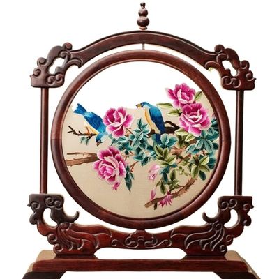 ACFFVBW Double-Sided Embroidery Table,Embroidery Screen, Ornaments Double-Sided Embroidery Crafts Vintage New Chinese Desktop Office Decoration Gifts Embroidery