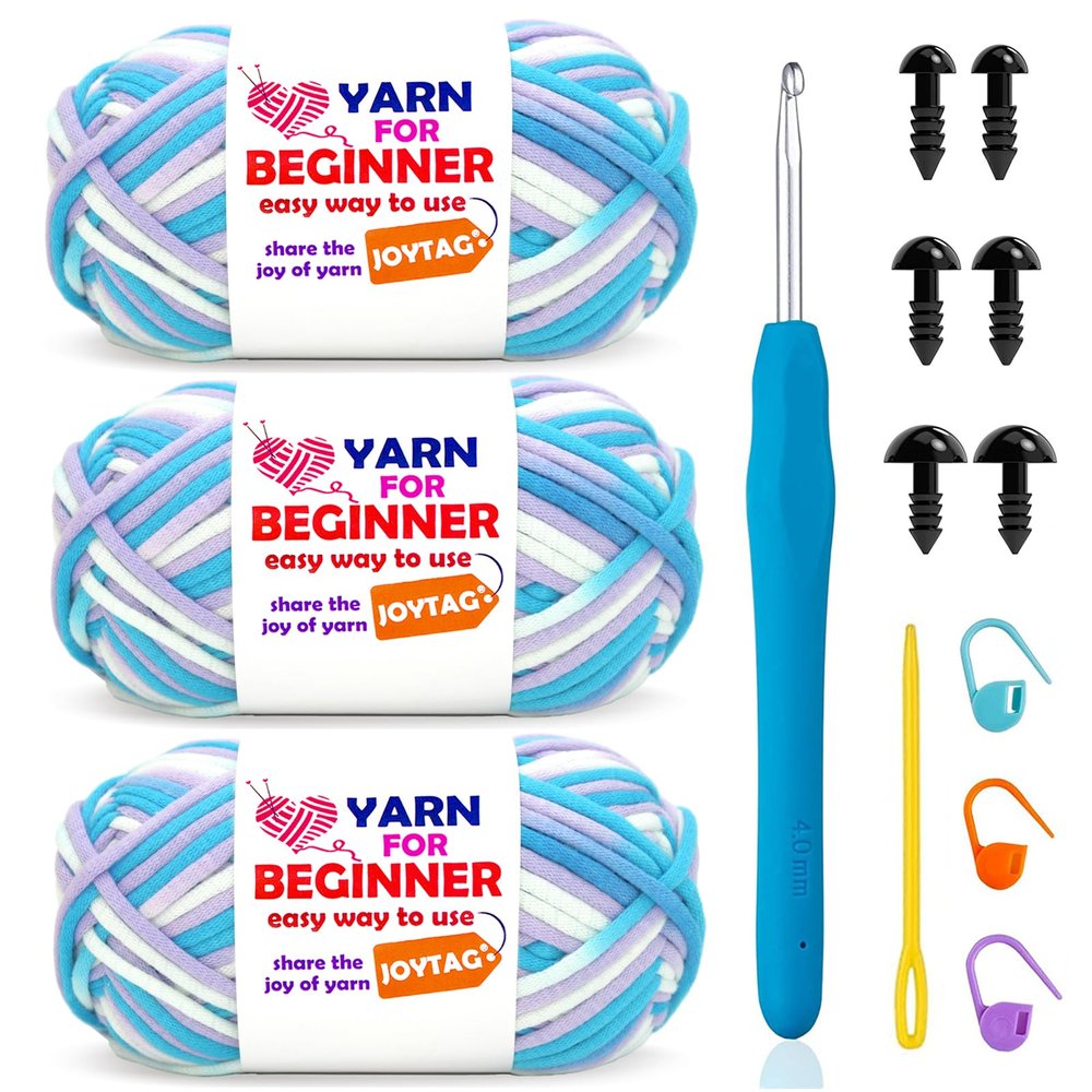 3 Pack Rainbow Beginner Crochet Yarn for Crocheting and Knitting Multicolor Cotton Crochet Yarn for Beginners(Purple White Blue)