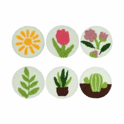Punch Needle Coaster Kit 6 Patterns Sun Floral Tufted Rug Pads, DIY Needle Punch Coaster Kit for Adults Beginners with Adhesive Felt Yarns Embroidery Hoop Tools Instruction