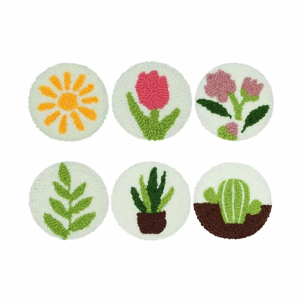 Punch Needle Coaster Kit 6 Patterns Sun Floral Tufted Rug Pads, DIY Needle Punch Coaster Kit for Adults Beginners with Adhesive Felt Yarns Embroidery Hoop Tools Instruction
