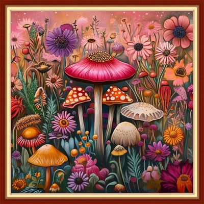 DMCVIVR Stamped Cross Stitch Kits for Beginners Adults Needlepoint Kits for Beginners Embroidery Kits for Adults Crossstitch Kit for Beginners 11CT-Colorful Mushroom Flowers 18x18 inchs