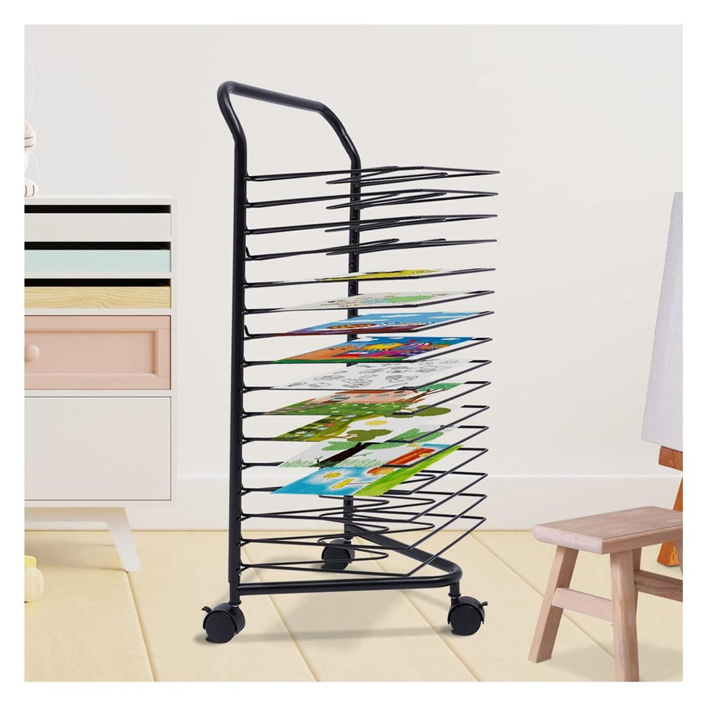 16-Tier Functional Art Drying Rack for Classroom,Rolling Storage Cart,16 Removable Shelves,Organizer for Drawings and Canvases
