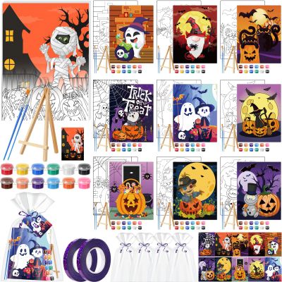 Dispowreath 10 Sets 8" x 10" Halloween Pre Drawn Canvas to Paint Gifts Sets Pumpkin Pre Printed Canvas with Greeting Cards Outline Panels Bulk for Beginners DIY Craft Project Party Favor Home Decors