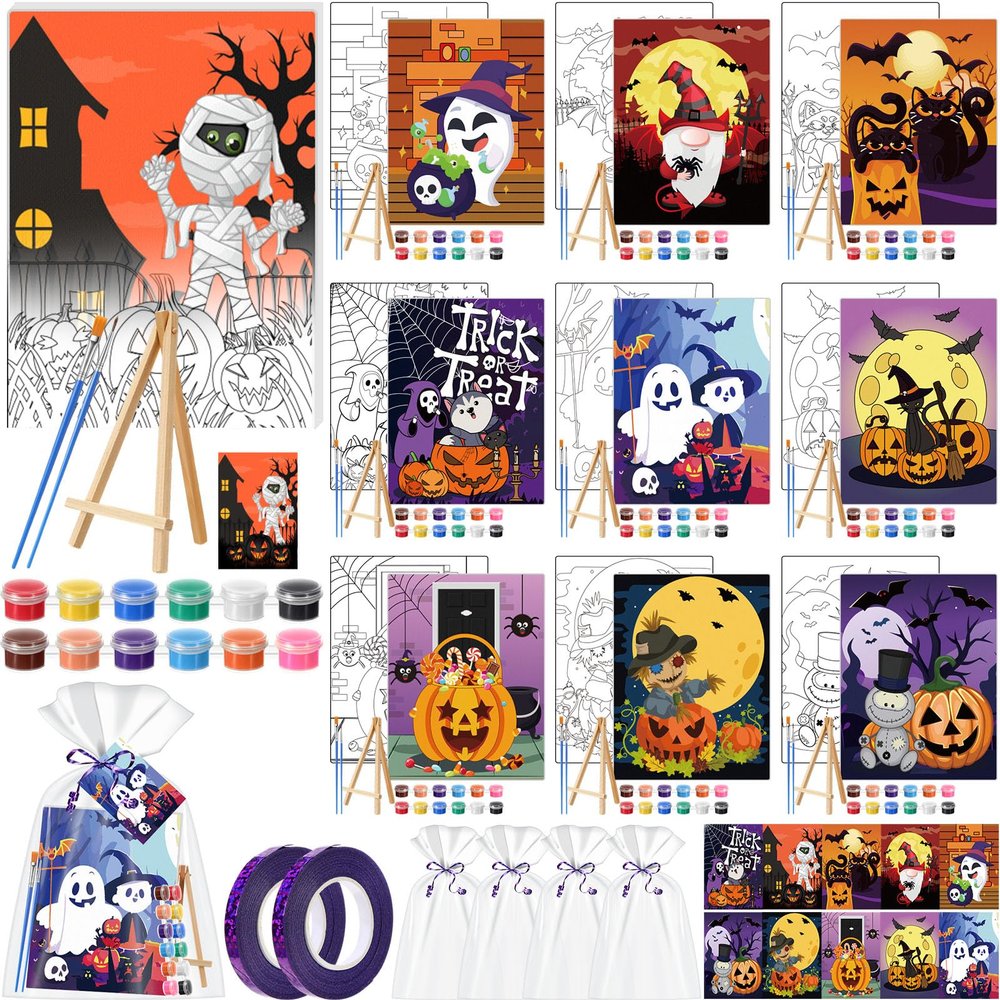 Dispowreath 10 Sets 8" x 10" Halloween Pre Drawn Canvas to Paint Gifts Sets Pumpkin Pre Printed Canvas with Greeting Cards Outline Panels Bulk for Beginners DIY Craft Project Party Favor Home Decors
