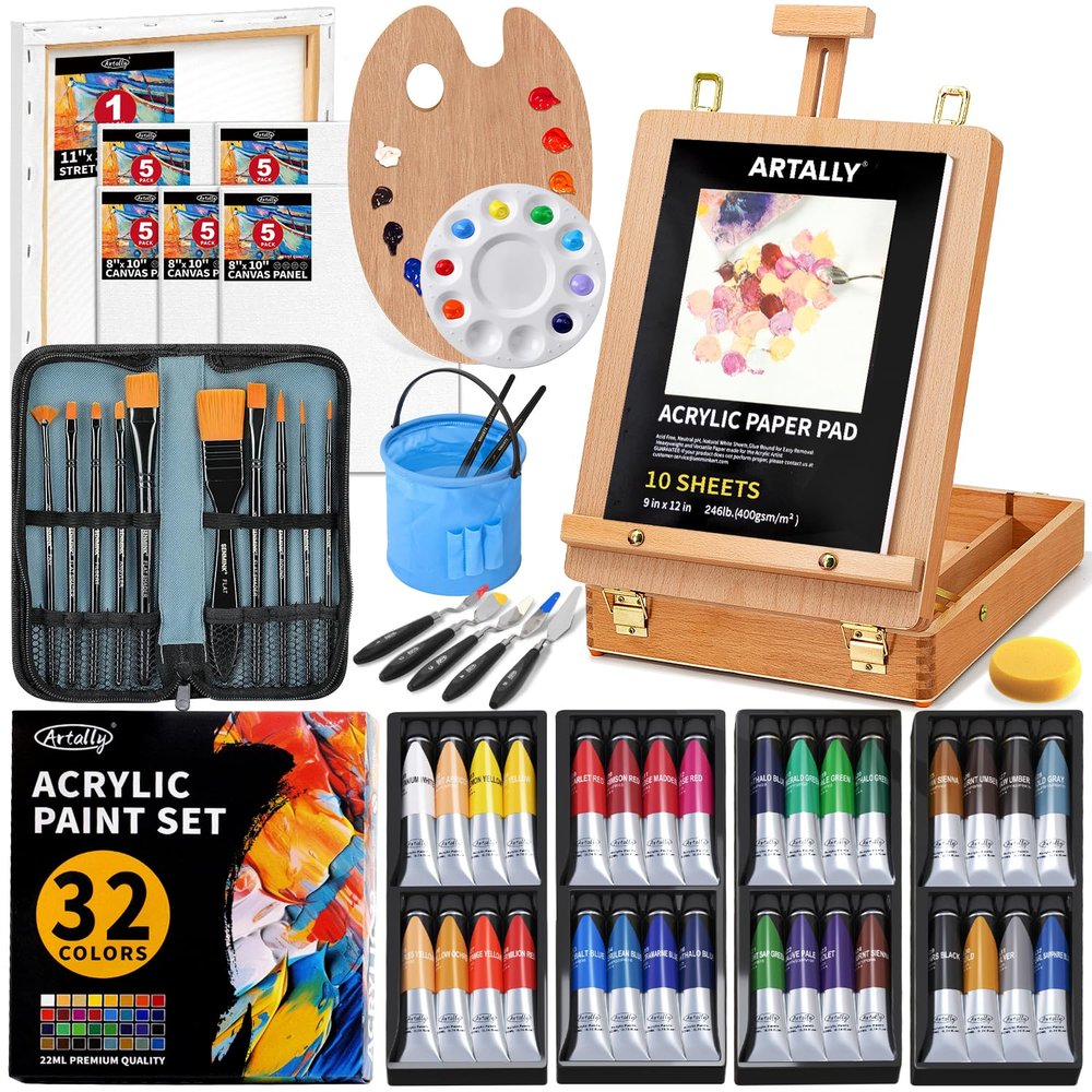 ARTALLY 66-Piece Acrylic Painting Kit with Desktop Easel,32 Colors Acrylic Paint Set(22ML), Paint Brush Set & Case, Brush Basin, Complete Art Supplies Painting Set for Adults, Artists, Beginners