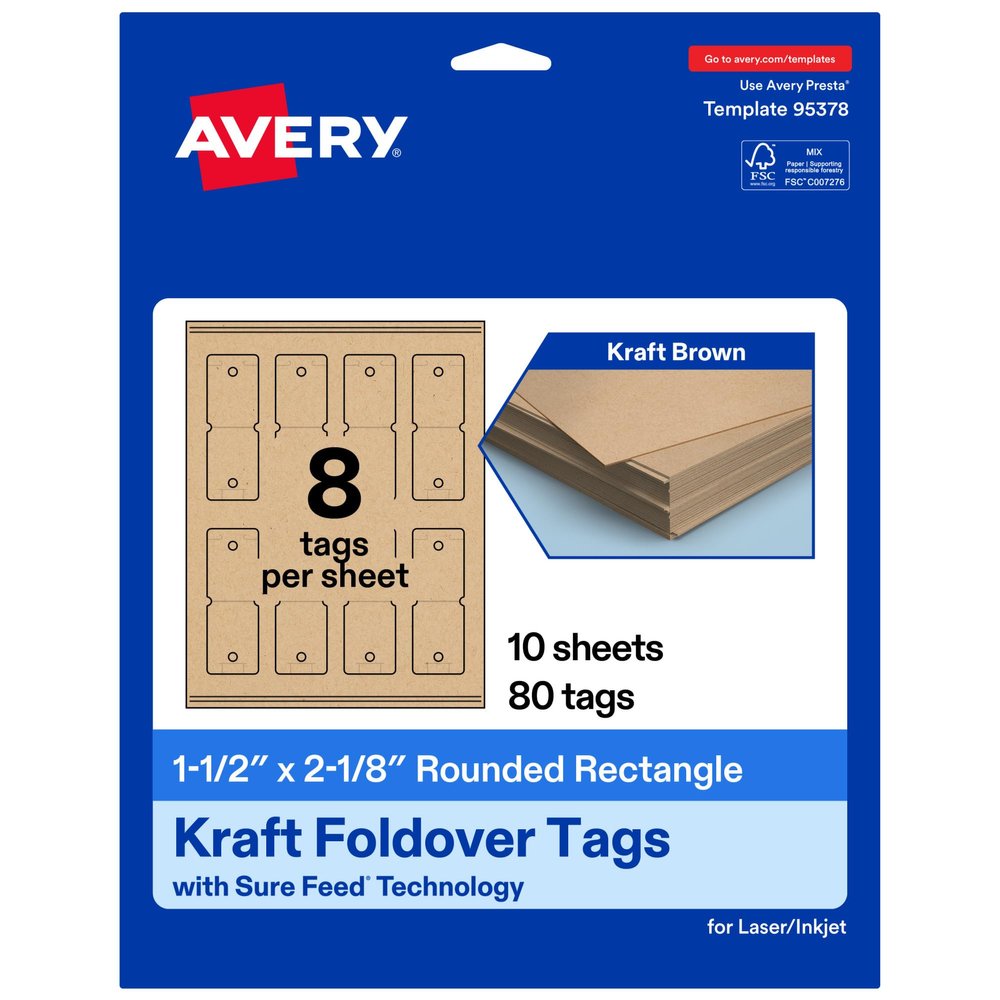 Avery Printable Rounded Rectangle Foldover Tags, Sure Feed Technology, 1-1/2" x 2-1/8", Matte Kraft Brown Cardstock, Print-to-The-Edge, Laser/Inkjet Printable, 80 Total