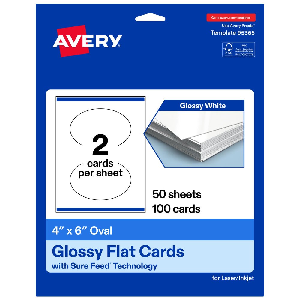 Avery Printable Oval Flat Cards, Sure Feed Technology, 4" x 6", Glossy White Cardstock, Print-to-The-Edge, Laser/Inkjet Printable, 100 Total, Great for Product Branding, Marketing, and More