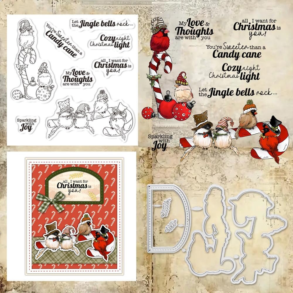 Christmas Walking Stick Birds Clear Stamps and Die Cuts Sets for Handmade Card Making Metal Cutting Dies Stencils Scrapbook Kit Embossing Supplies 2024-2025 Seals Template