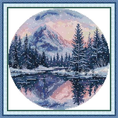CaptainCrafts Cross Stitch Kits for Adults Stamped Printed Fabrics Needlework Craft Home Decor (Round Four Seasons-Winter, Stamped 14CT)