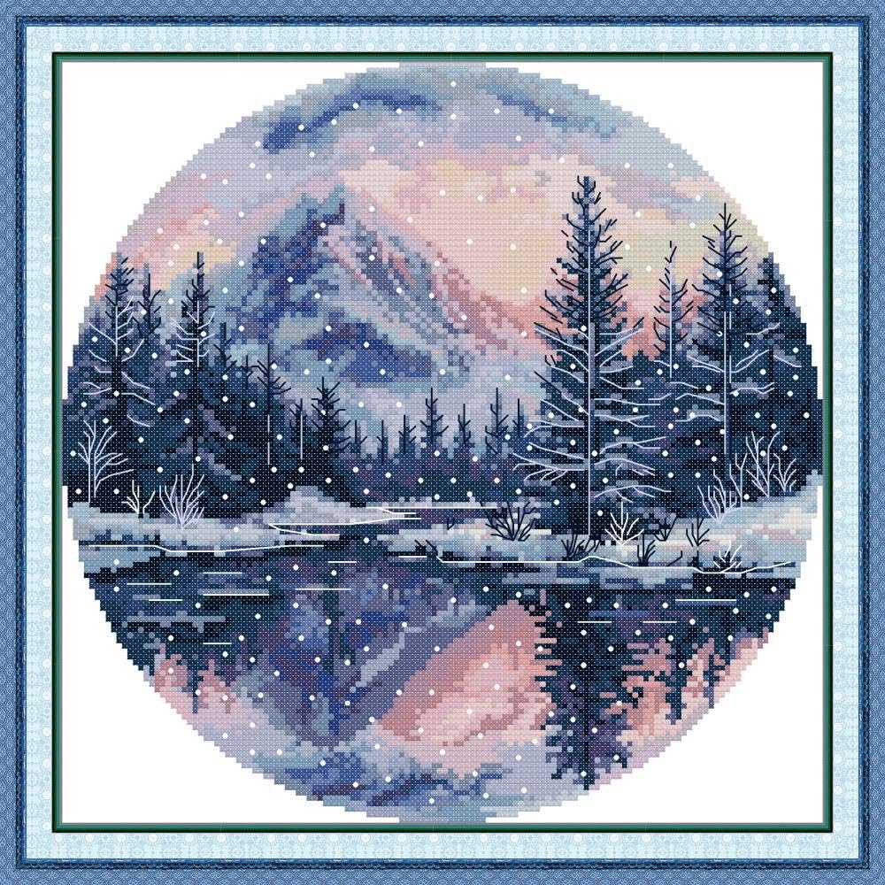 CaptainCrafts Cross Stitch Kits for Adults Stamped Printed Fabrics Needlework Craft Home Decor (Round Four Seasons-Winter, Stamped 14CT)