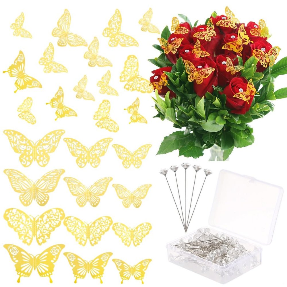 148 Pcs Wedding Corsage Decorations Set, Includes 100 Bouquet Pins & 48 Gold 3D Butterfly Wall Accents For Parties And Weddings