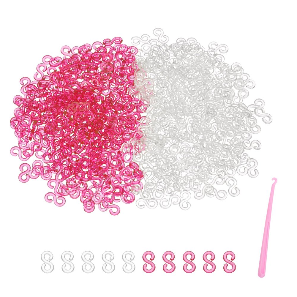 MECCANIXITY S Clips for Loom Bracelets, Rubber Band Bracelet Clip Clear Plastic Connectors Refills Kit with Pink Crochet Hook for Loom Bracelets Making DIY(Rose Red/White, Pack of 1000)