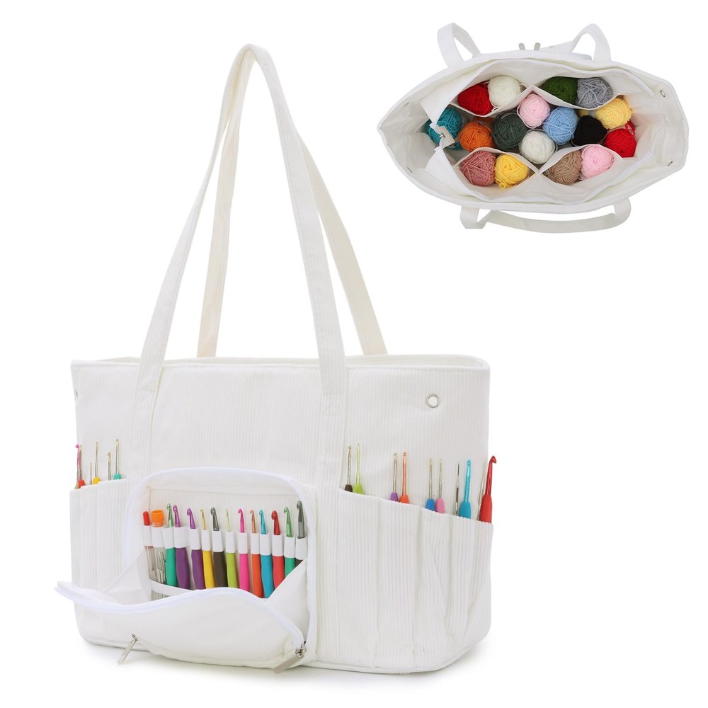SUKUTU Corduroy Crochet Bag Large Portable Yarn Storage Bag Organize Yarn Crochet Hooks Knitting Bag Yarn Holder for Crochet Lovers