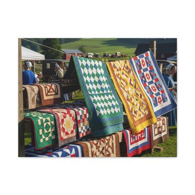 A Colorful Amish Quilt Display in Pennsylvania Dutch Country - Matte Canvas Wall Art 24 * 18 inch - Made in USA