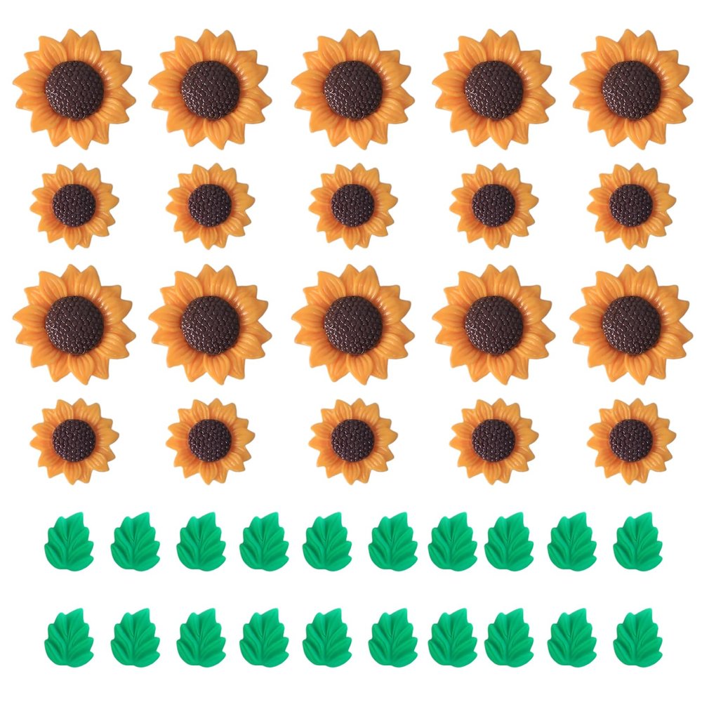 KGCGJVB 40Pcs Sunflower Beads for Jewelry Making Small Resin Sunflowers and Green Leaf Charms Mini Craft Buttons and Charms for DIY Crafts Nail Art Silicone Pendant Embellishments