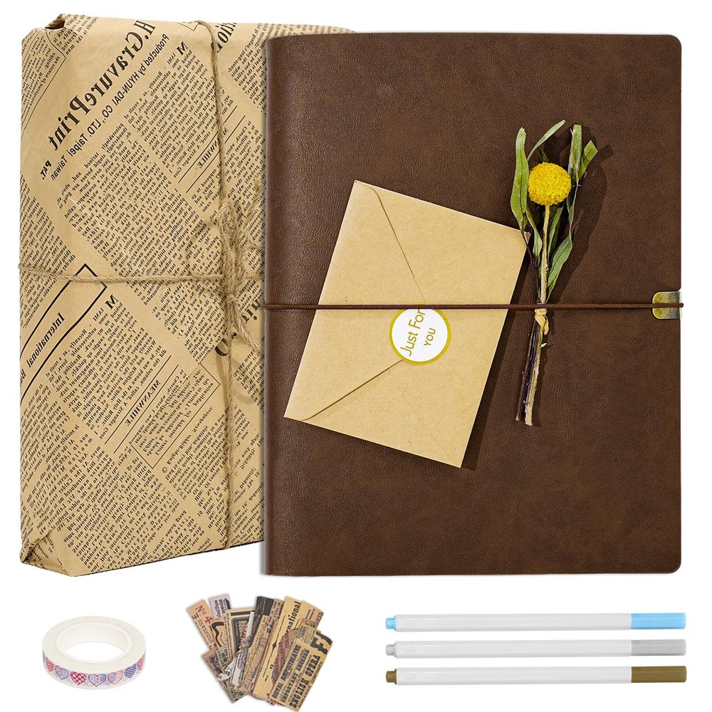 Vienrose Photo Album Scrapbook Kit, 3 Ring Faux Leather Cover DIY Memory Book Kraft Paper with 50 Sheets 100 Pages, Vintage Scrapbooking Supplies Set for Wedding, Anniversary, Valentine Gifts, Brown